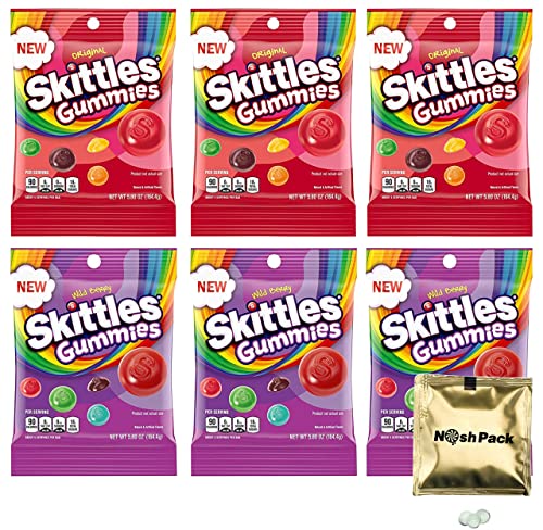 Skittles Gummy Candy 2 Flavor Skittles Bulk Candy Pack, 5.8 Oz Original and Wild Berry Flavored Gummies with Nosh Pack Mints, Individually Wrapped Bulk Candy Variety Pack, 6 Pack