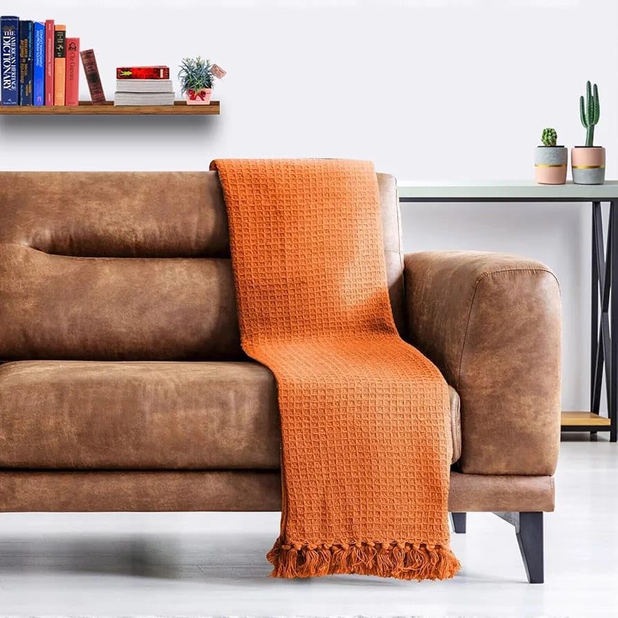 Decorative Waffle Knit Throw Blanket with Tassels, Orange, Cotton Blend, Sofa Couch Cover | Pack of 1 | Size 52x72 inch | (Orange)-image-16