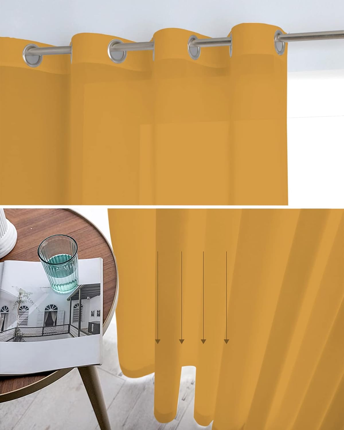 Chiffon Sheer Curtains 45 Inches Long 2 Panels Solid Color Ginger Light Filtering Curtains Grommet Top Semi Sheer Window Curtains for Living Room Bedroom Yard