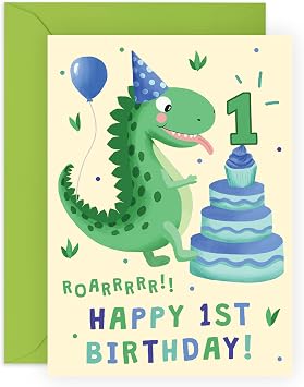 CENTRAL 23 First Birthday Card For Boy - Dinosaur Birthday Card - Age One - 1st Birthday Gifts For Kids - Son Grandson Nephew - With Fun Stickers - Made In UK