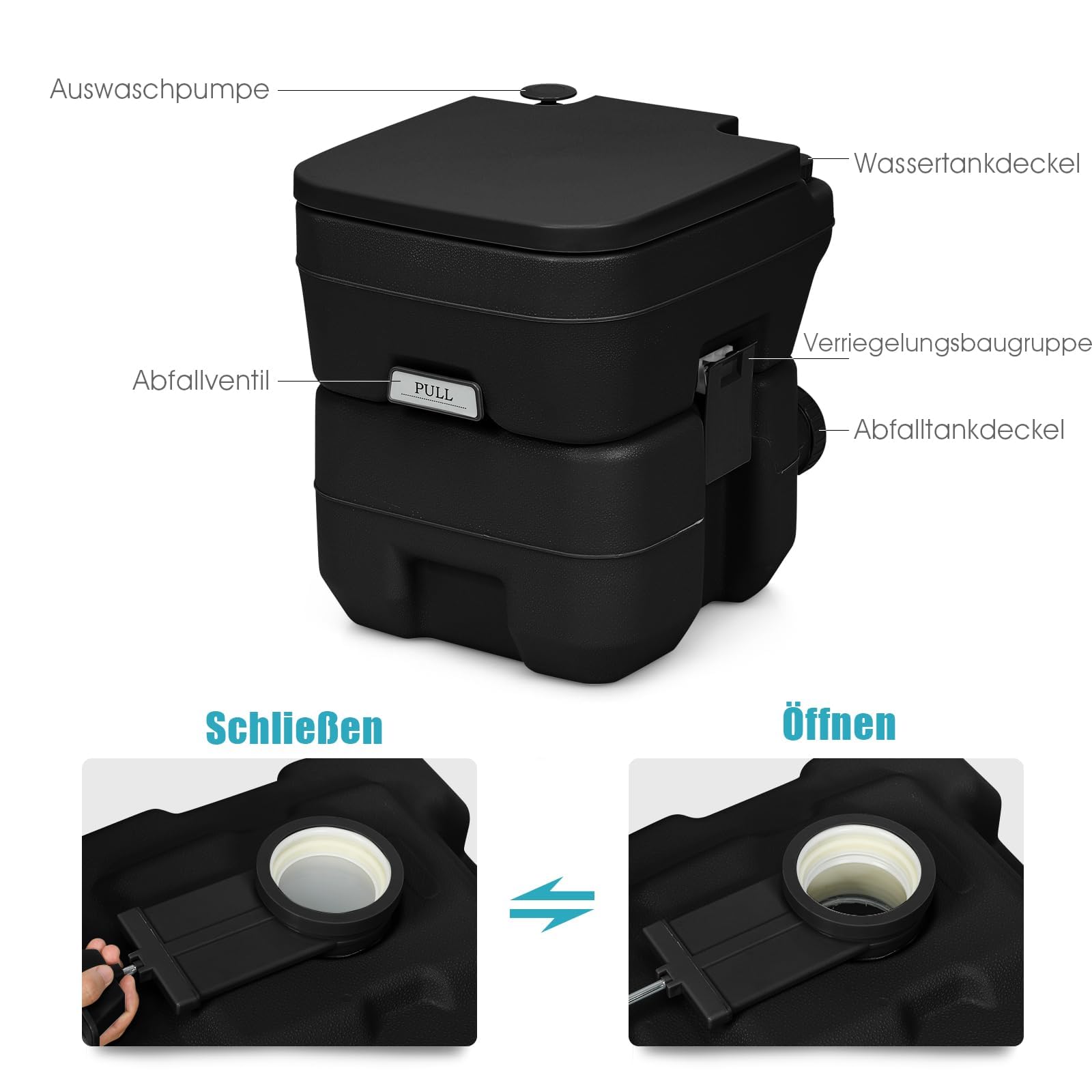 FANTASK 20L Campingtoilette, Reisetoilette tragbar mit abnehmbarem Abwassertank, Mobile Toilette, Campingklo für Reise, Camping und Wohnmobil (Schwarz)