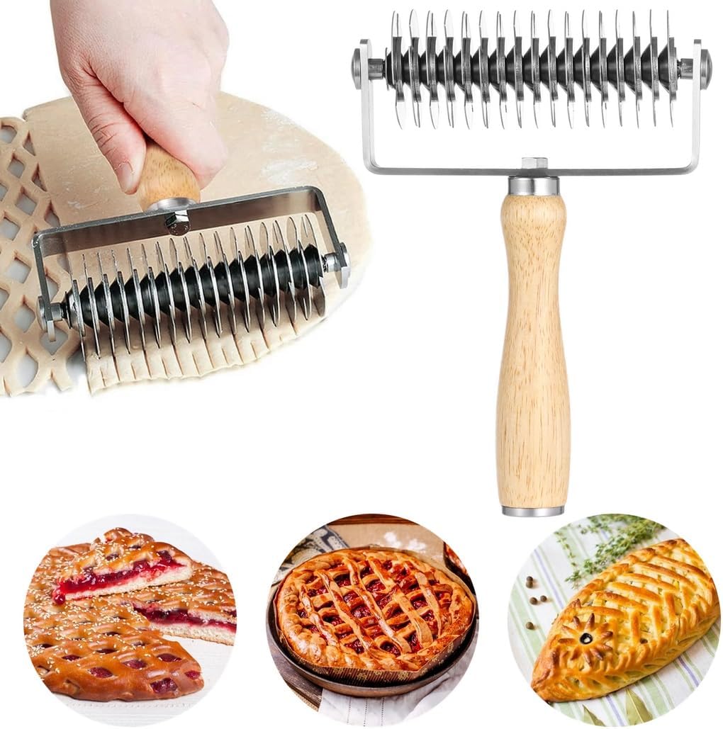 Dough Lattice Cookie Pie Pastry Roller Cutter, Pizza Bread Crust Roller Cutter with Wooden Handle, Stainless Steel Lattice Dough Cutter for Fishnet Crust