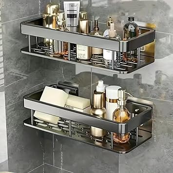 BINSBARRY Self-Adhesive Multipurpose Wall Mounted Bathroom Shelf and Rack for Bathroom and Kitchen,Space Saving Bathroom Organizer Shelf, Punch Free Wall Shelves, Wall Stand (Black Shelf, Pack of 1) - image, photos