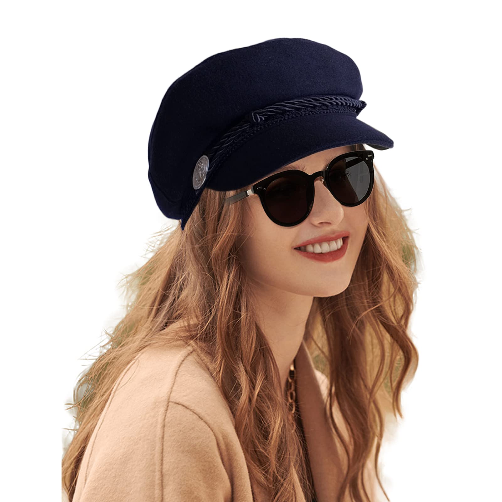 Awocan Women's Black Newsboy Cap Wool Blend Navy Bakerboy Cabbie Cap Fashion Girls Beret Hat