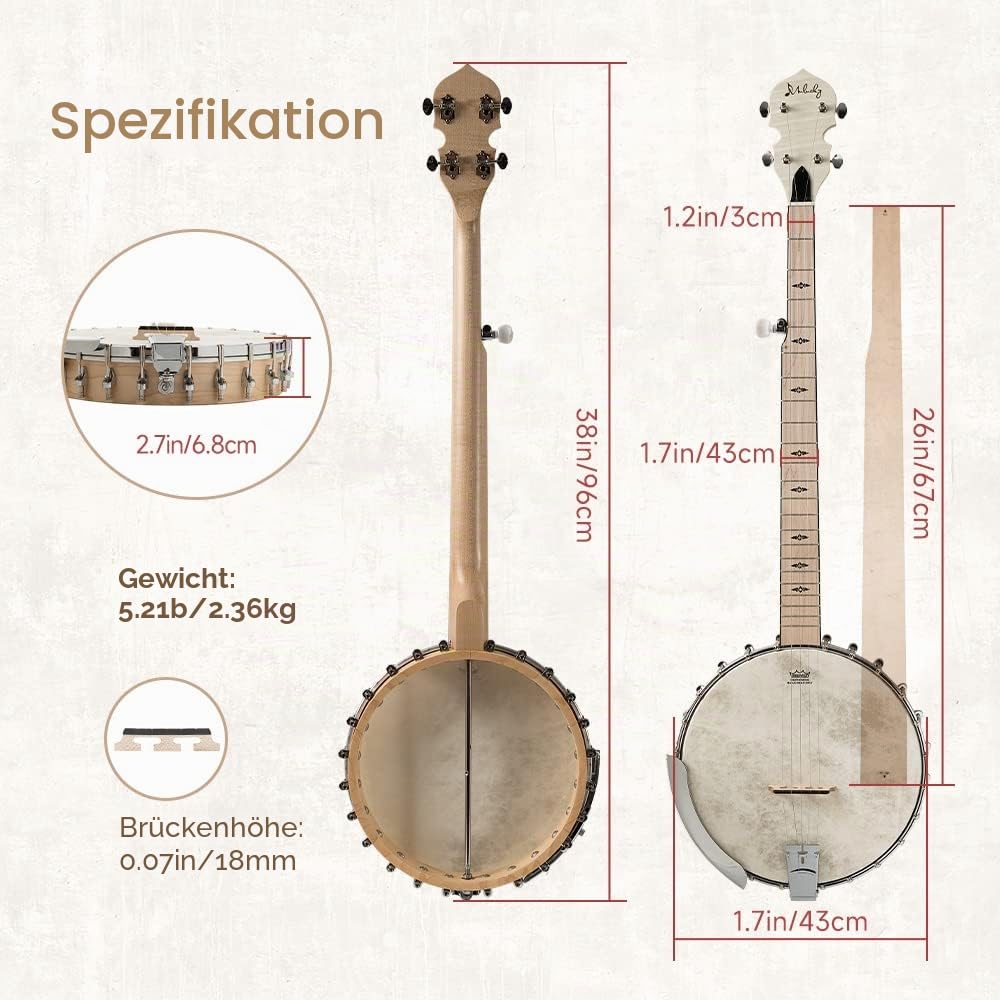Mulucky 5-saitiges Banjo, volle Größe mit 24 Klammern, offener Rücken, Ahorn-Banjos mit Remo-Kopf, fünfter Tuner mit Getriebe, Geschenkpaket mit Anfänger-Kit – MB1101