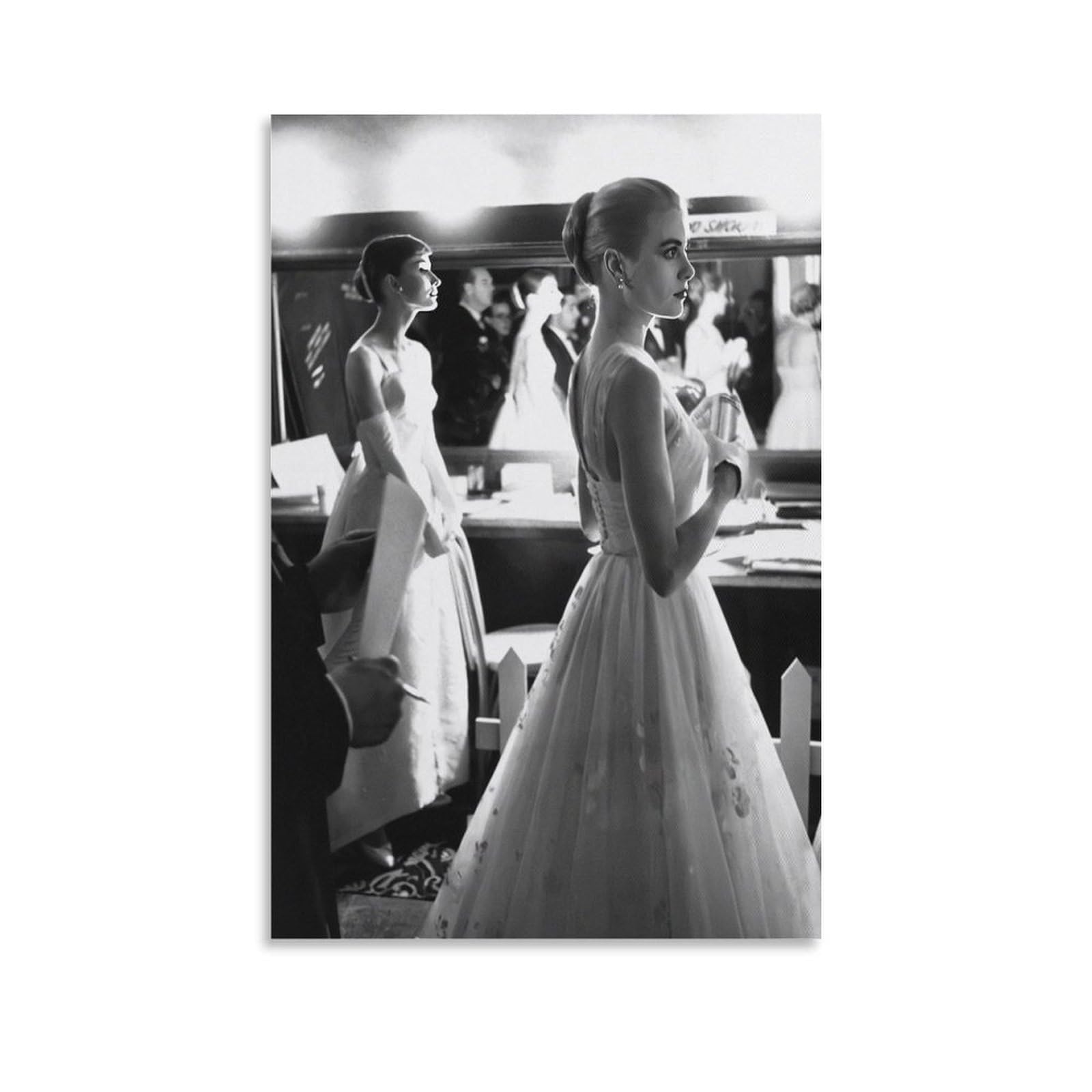QZFNCOYU Audrey Hepburn And Grace Kelly Backstage Black And White Retro Art Poster Canvas Poster Wall Art Decor Print Picture Paintings for Living Room Bedroom Decoration 12x18inch(30x45cm)