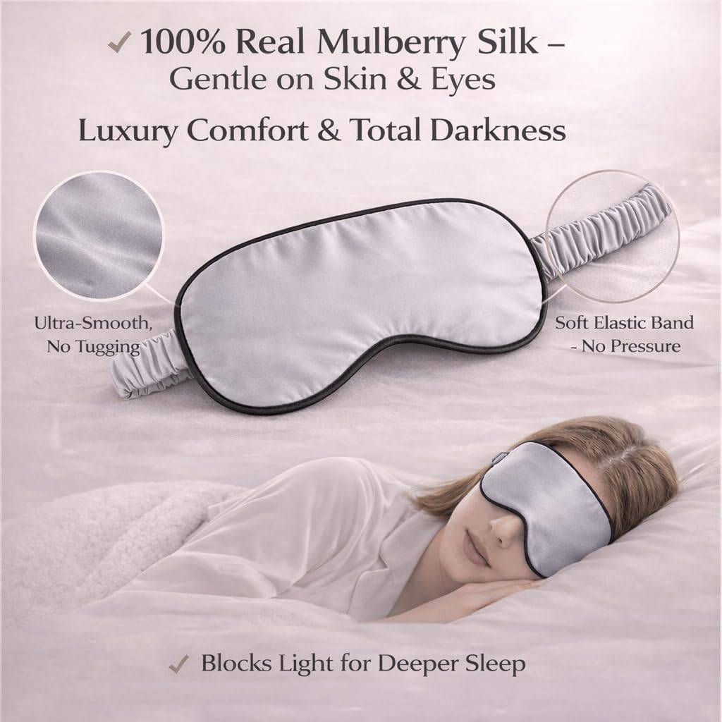100% Mulberry Silk Sleep Mask for Women/Men Airplane Travel, Pure 22 Momme Silk Eye Mask Blackout for Sleeping, Ajustable, Luxury, Anti Wrinkle, Anti Aging Silk Blindfold, Made in USA (Silver Gray)