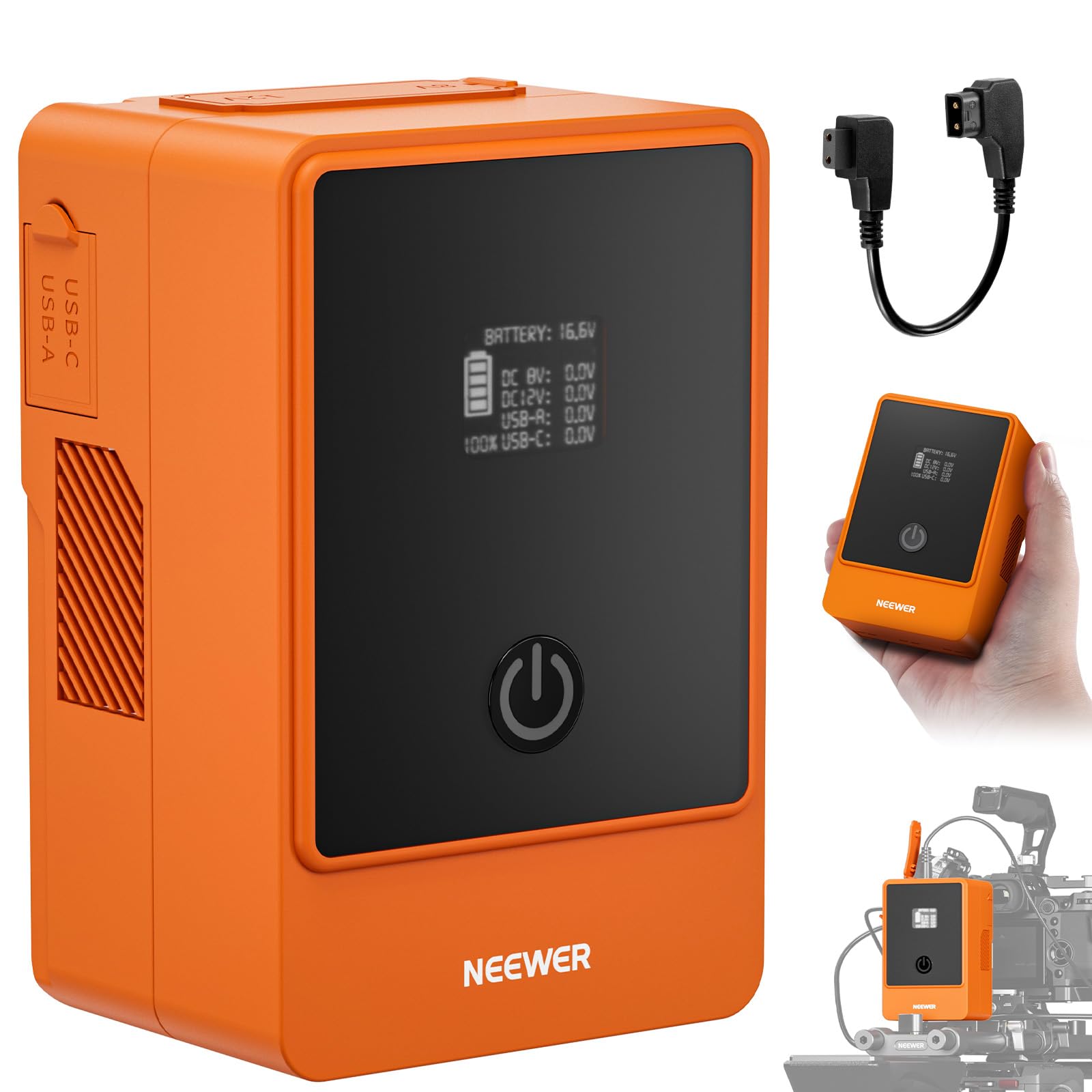 NEEWER Mini Batteria V Mount 6800mAh 99Wh 14,5V, V Lock Battery con Uscita PD 65W Tipo C/D Tap/BP/USB A/Due Porte DC/Schermo OLED per Videocamera Compatibile con SmallRig BMPCC 4k 6k, PS099E Arancione