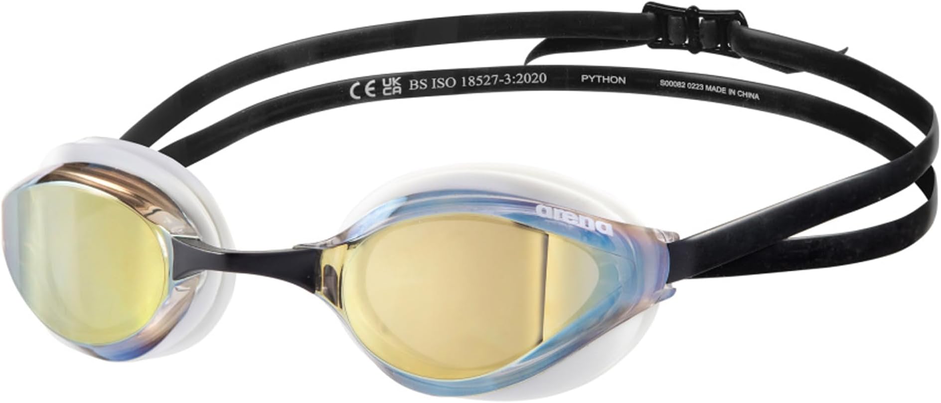 ARENA Unisex Adults Python Racing Swim Goggles for Men and Women Anti-Fog Mirror Lens Max Comfort Dual Strap, Gold/White/Black