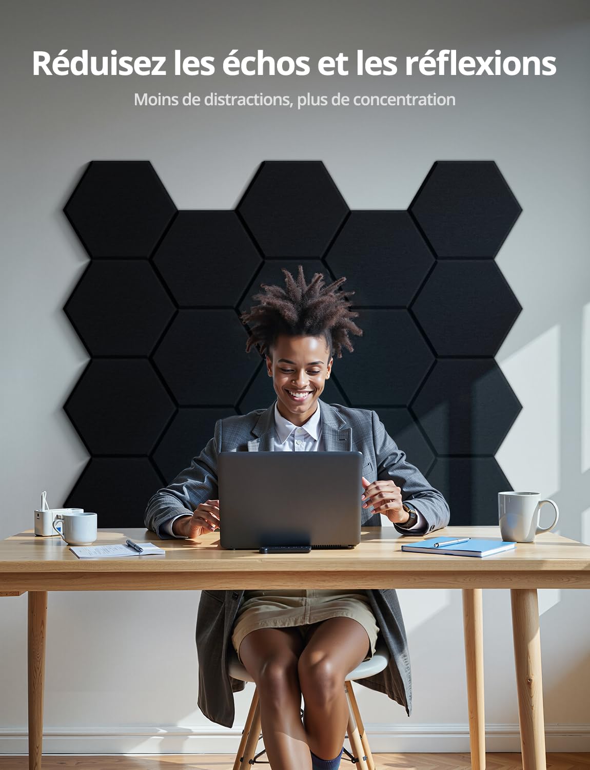 Kuchoow panneau acoustique mural hexagonal autocollant, lot de 12, panneaux acoustiques décoratifs absorption pour mur, plafond et porte, gaming, home studio, bureau, 30 x 26 x 0,9 cm, noir