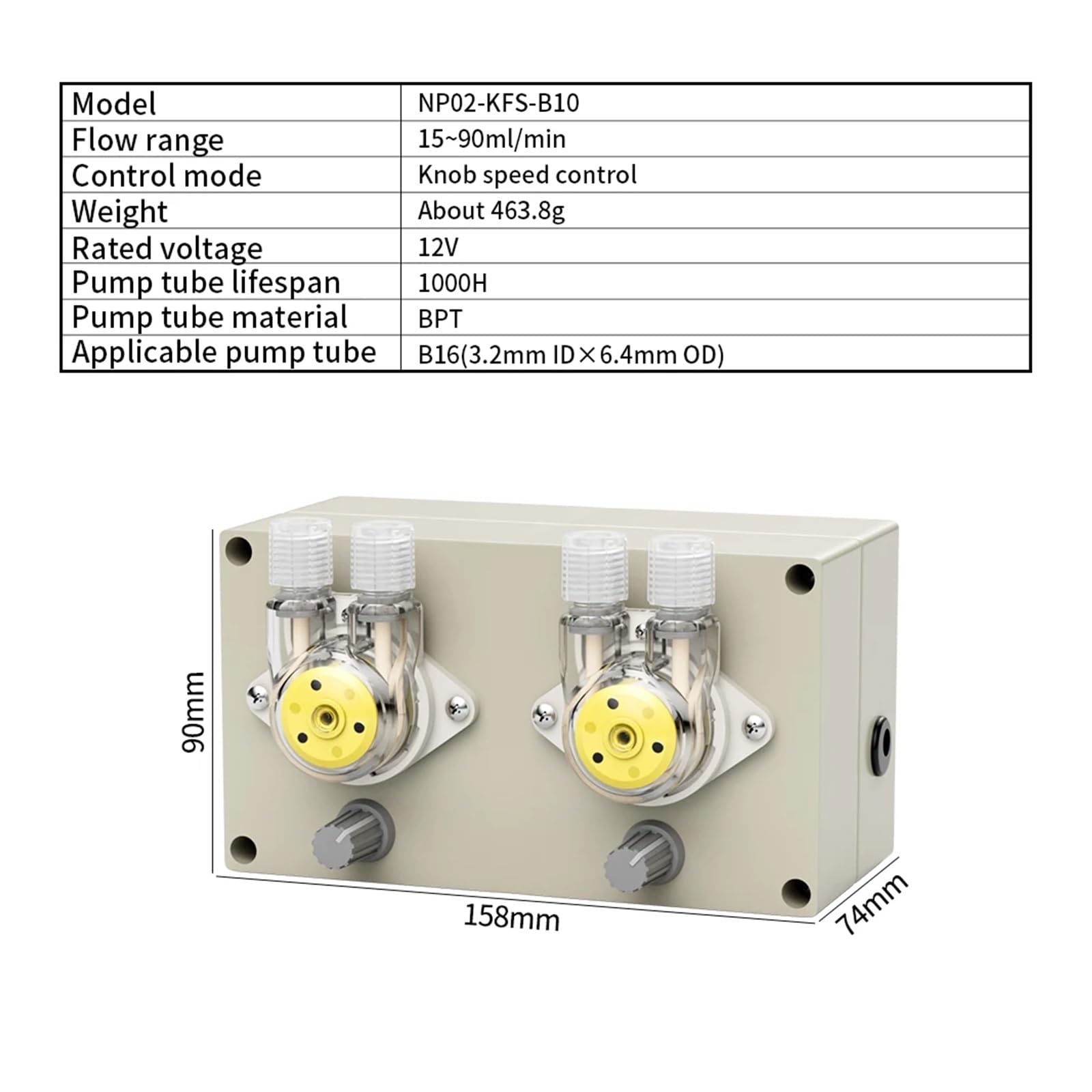 Bomba de Membrana, Bomba peristáltica de cabezales múltiples NP02-B10, bomba dosificadora ajustable con Motor de 15ml ~ 90ml/min de 12V CC con doble cabezal for laboratorio (3,0x5,0)(NP02-KFS-B10)