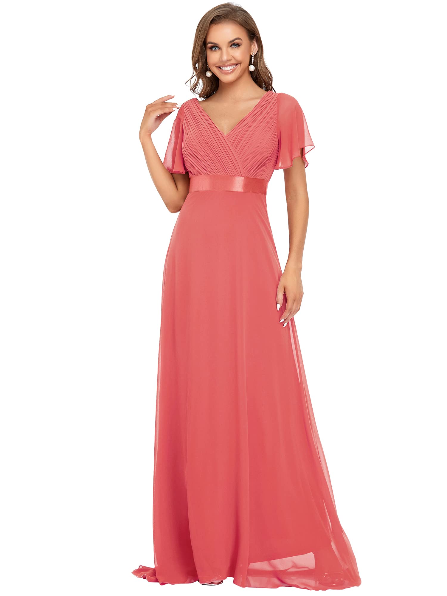 Ever-Pretty A-línea Vestido de Fiesta Cuello en V Manga Corta Gasa Corte Imperio para Mujer 09890