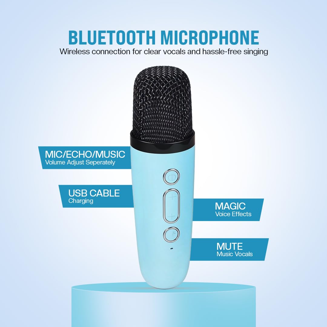 Kidsmate Mini Karaoke Machine with Wireless Mic for Kids | Portable Bluetooth, USB Connectivity Speaker with LED Lights & Music | Fun Singing Toy for Girls & Boys 4-12 Years | Set of 1 -Blue - Image 7 thumbnail