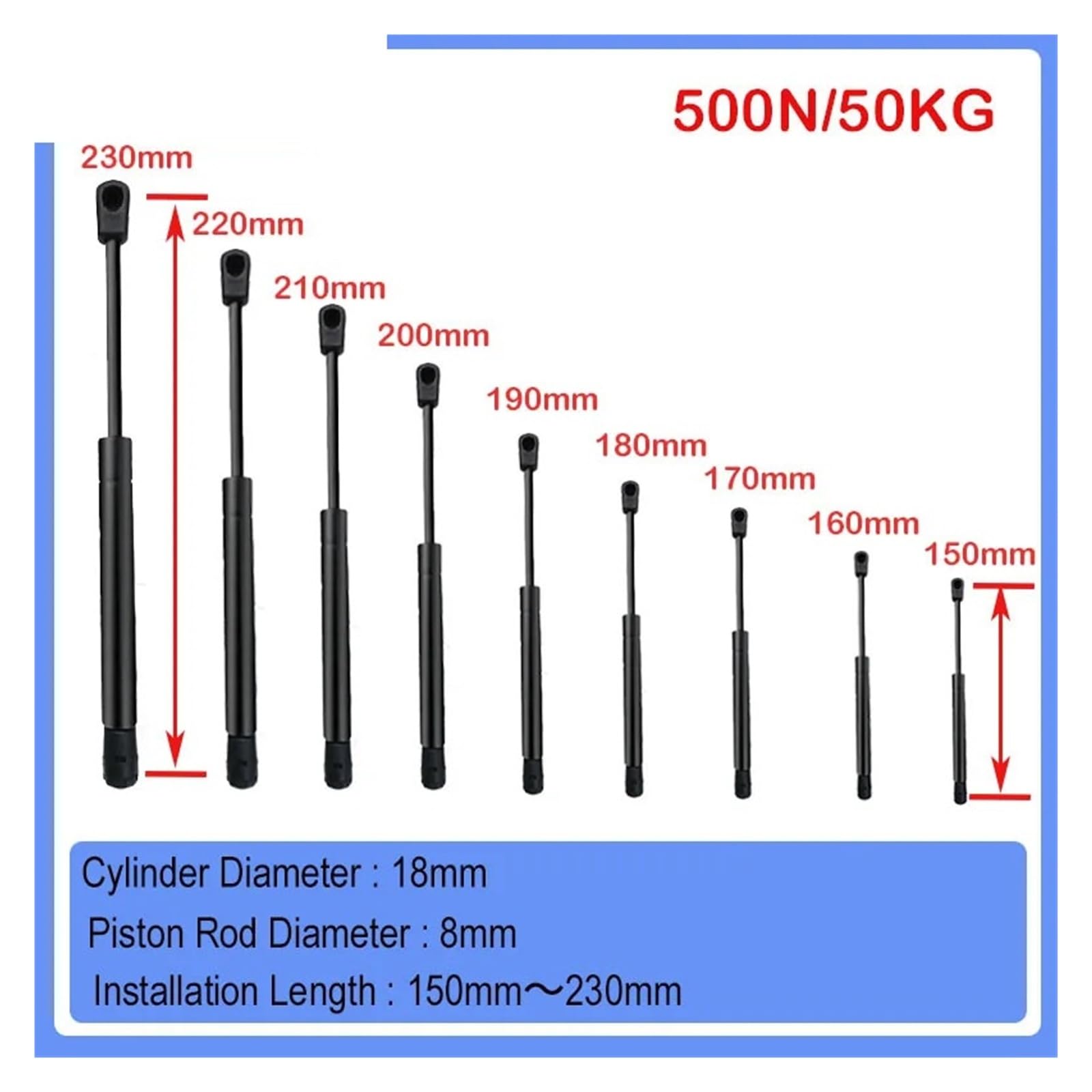 Amortiguador de resorte de gas, barra de puntal de soporte de elevación hidráulica de 150-230 mm 50 kg/500 N(18-8-75-230)