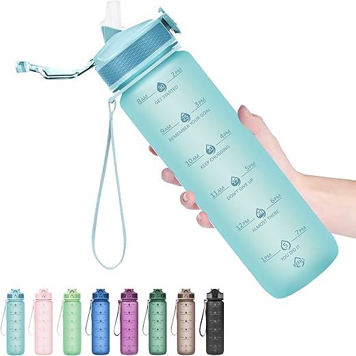 Water Bottle with Straw, 32oz Motivational Water Bottles with Time Marker to Drink, Tritan BPA Free, 1L Sports Water Bottle with Carry Strap LeakProof for Women Gym Fitness Outdoor (1 Pack)