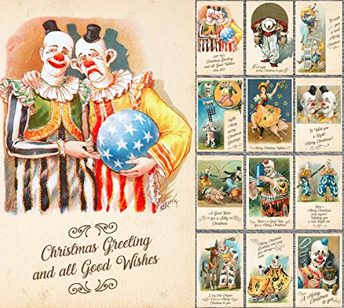 Image of PIXILUV CIRCUS CHRISTMAS (Pack of 12) Notecards Small Greeting Cards # Vintage Clowns and Circus Wishing a Merry Christmas ~ Vintage Christmas Postcards Reprint