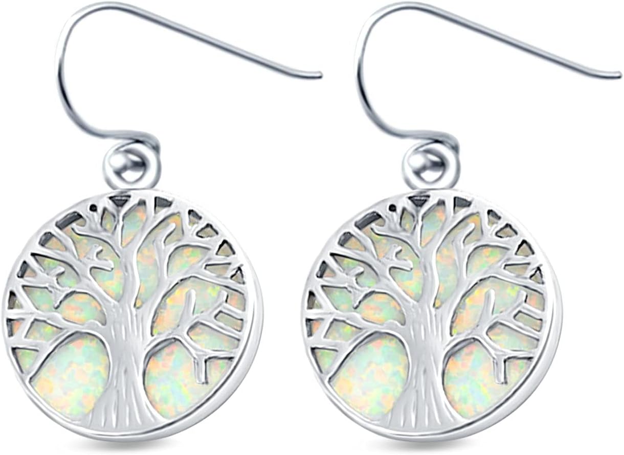 Circle Round Tree of Life Earrings Drop Dangle Created Opal 925 Sterling Silver(20mm)