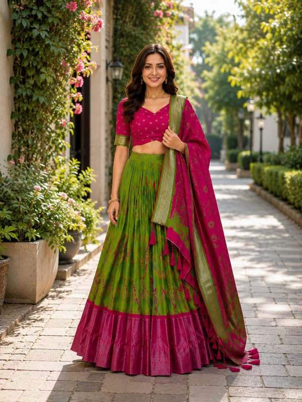 Image of Traditional Women's Tussar Silk Lehenga Choli Set | Semi-Stitched Ghagra with Printed Blouse & Dupatta | Graceful Indian for Festive, Wedding & Reception Events