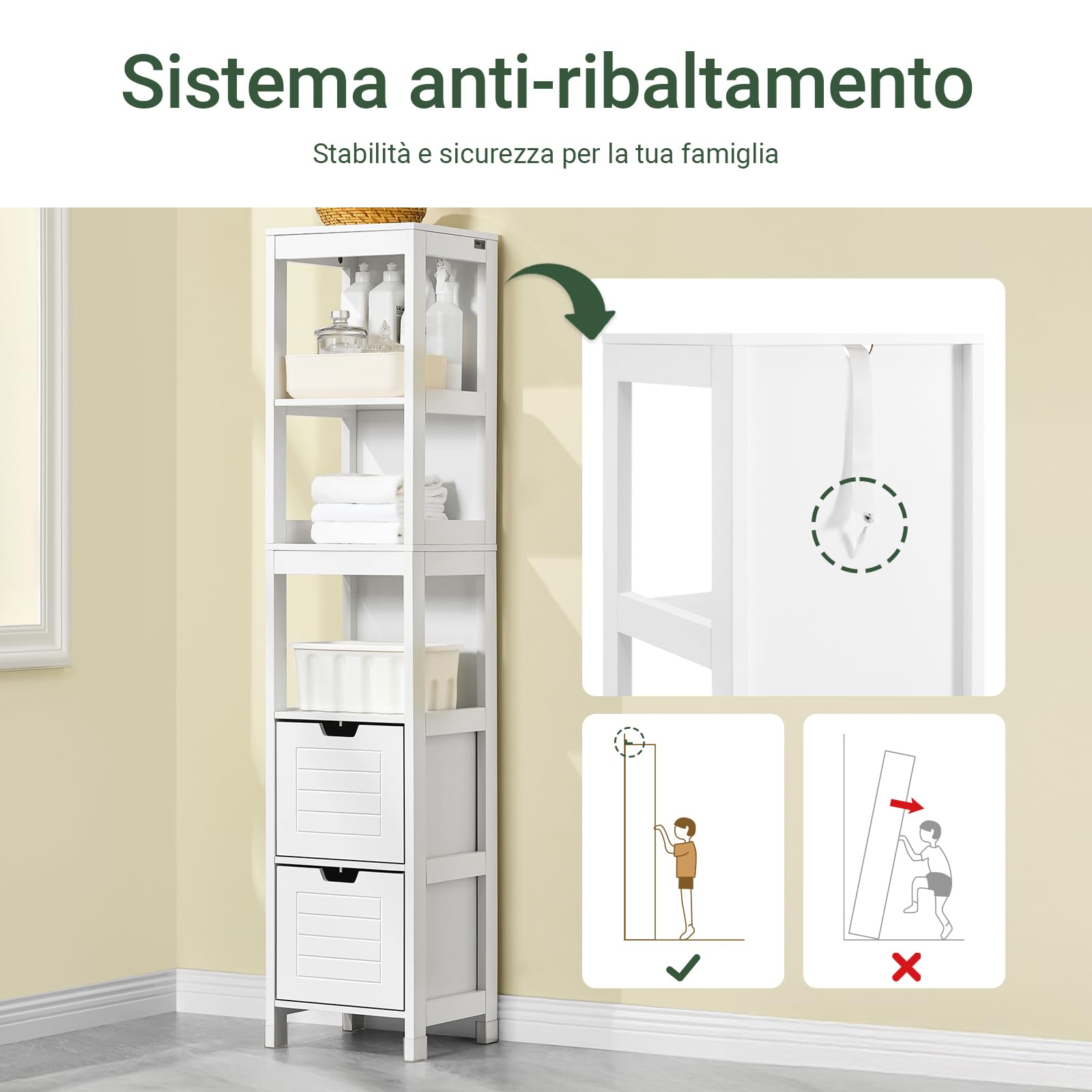 SoBuy Mobile Bagno Colonna Slim Salvaspazio Ripiani Regolabili 30x30x144cm | Armadietto Verticale Moderno Anti-Umidità per Bagno, Lavanderia e Cucina, Bianco, FRG126-W