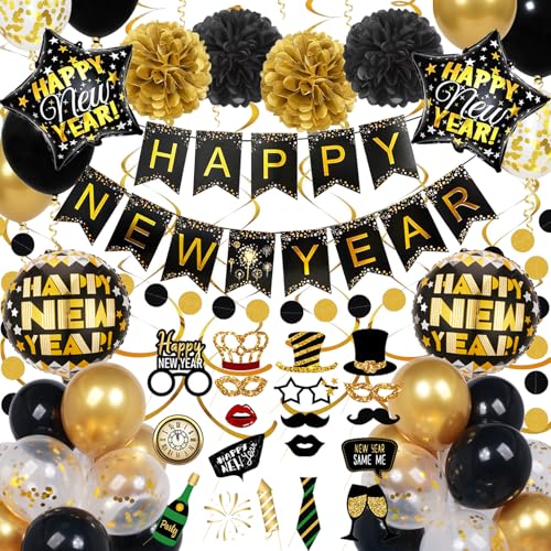 2026 New Years Decorations, Happy New Years Banner and Black Gold Balloons Set, Photo Props and Hanging Swirls, Paper Pompoms, Black and Gold Circle Dot Garland, Eve Party Supplies 2026