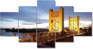 TUMOVO 5 Piece Canvas Wall Art - The Tower Bridge Crosses the Sacramento River in the Heart of Downtown Sacramento, California - Modern Home Decor Stretched and Framed Ready to Hang - 60" Wx32 H