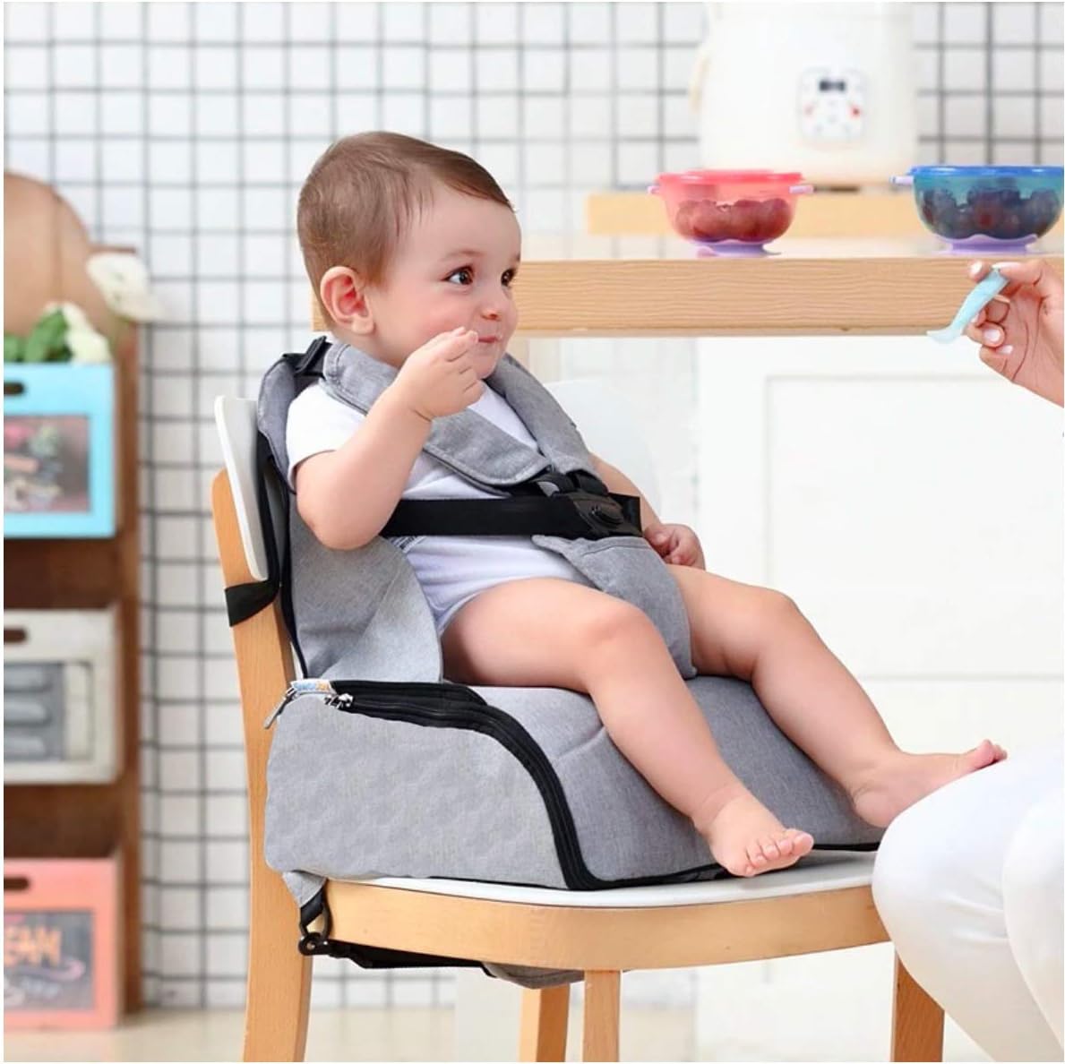 Babify2-in-1 Travel Highchair with Storage - Soft Grey