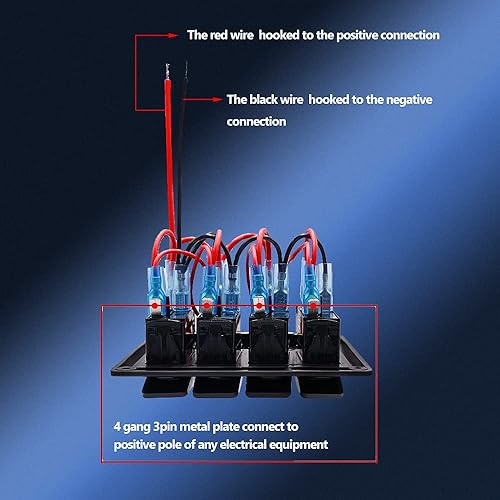 Miniatura 4 de Panel de interruptor basculante precableado de 4 bandas, impermeable, 12 V 24 V con fusible, interruptor de circuito con indicador LED rojo de 3