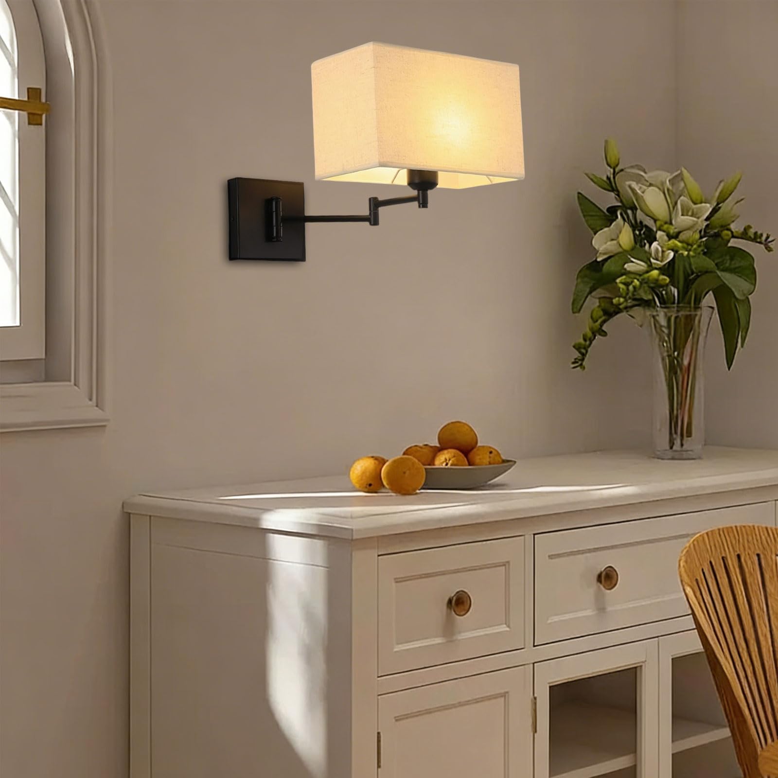 Nowoczesna czarna lampa ścienna, zestaw 1 lub 2 szt., przegubowe ramiona, możliwość ściemniania, cylindryczny/kwadratowy klosz z tkaniny, do sypialni, sypialni, salonu, łazienki, klatki schodowej