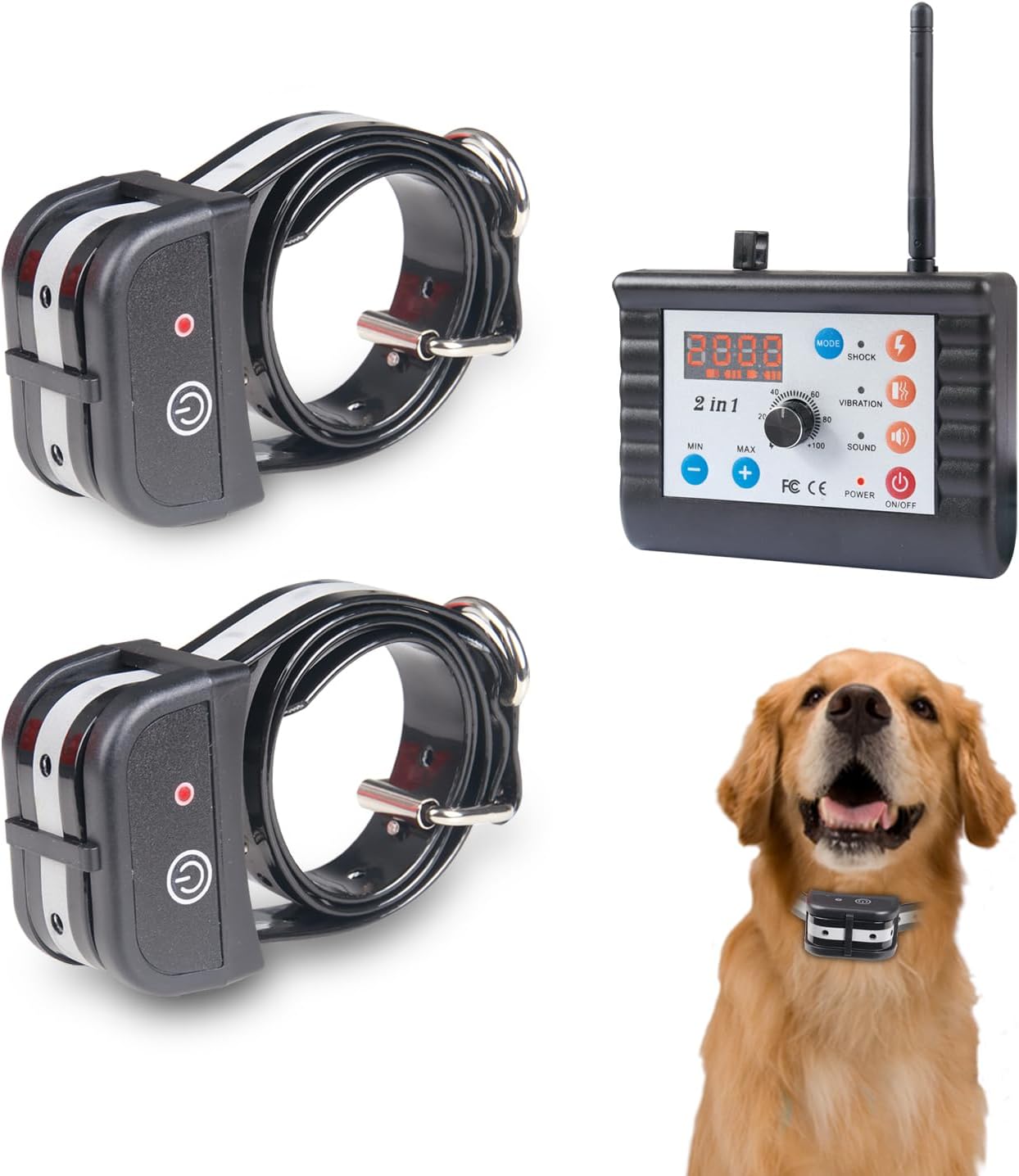 Dog Wireless Fence Pet Training Collar Two Way Signal 2-in-1 System, Adjustable Control Range Warning Strength, Display Battery Level, Rechargeable Waterproof Dog Collar