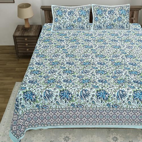 Image of Living Roots Jaipuri Hand Block Print Double Cotton Bedsheet & 2 Pillow Covers, for Mattress Upto 8 inches Thick, No Colour Bleeding, Blue Colour, Super King Size 96 * 104 inches, 150TC (580-C)