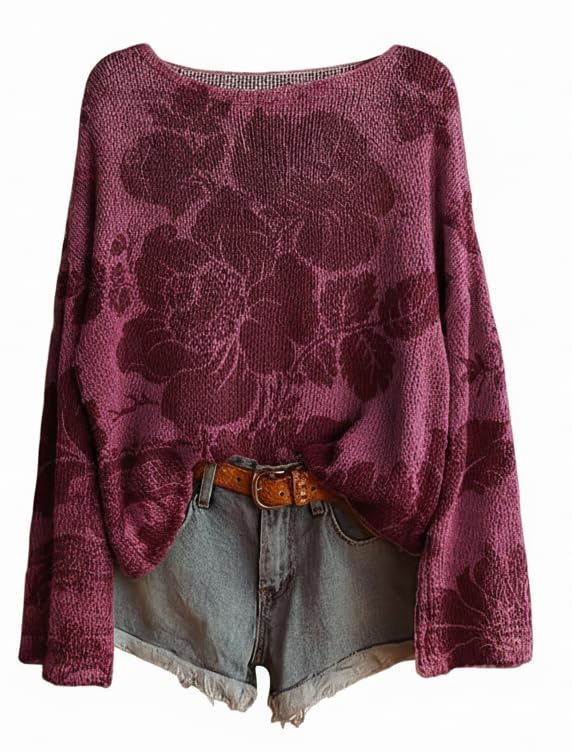 Akivide Womens Cozy Loose Boho Floral Print Lightweight Knit Sweaters Long Sleeve Casual Pullover Jumper Tops Plus Size