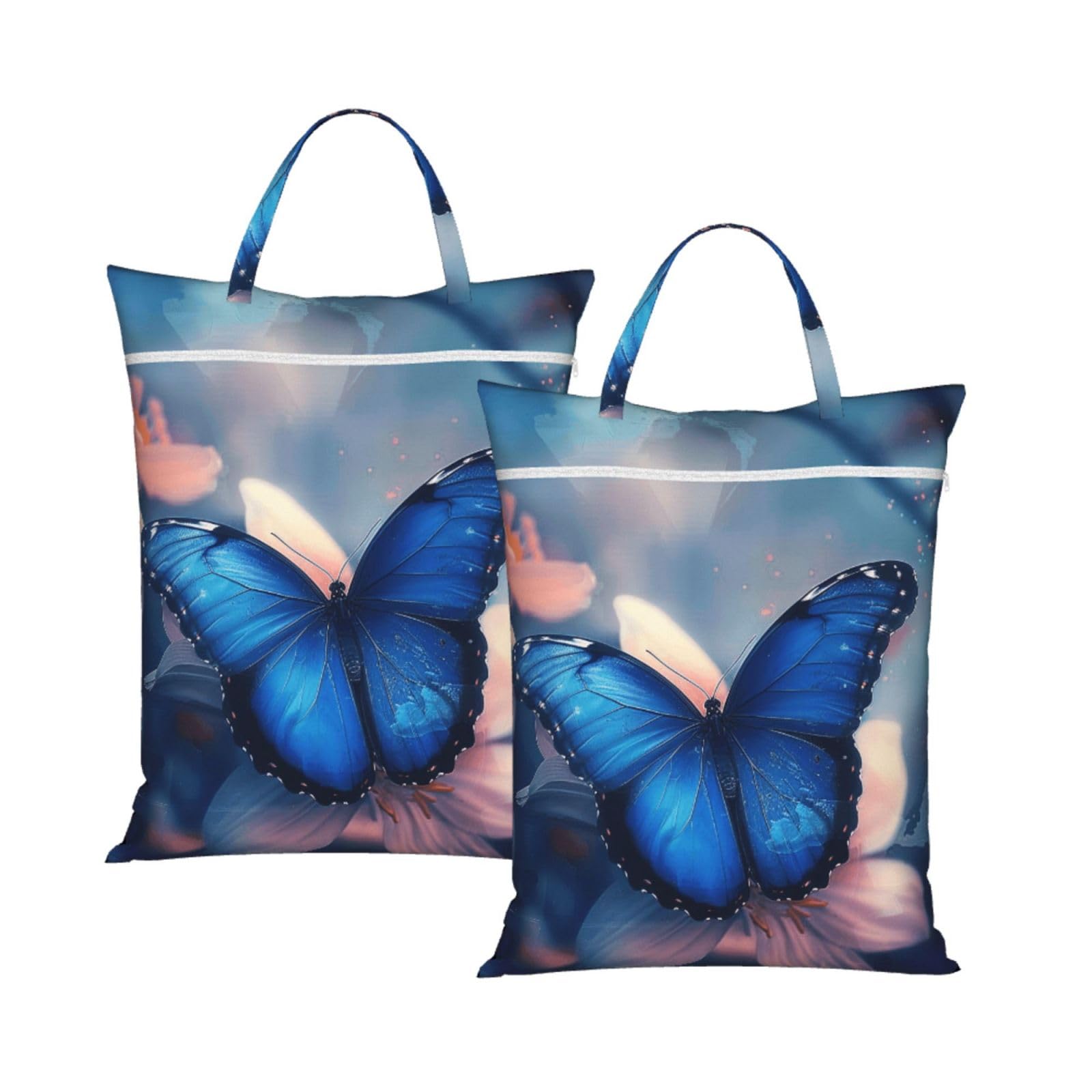 Large Travel Laundry Bags,Blue Butterfly Print with Handle Foldable Laundry Bag for Holidays Gym Swimming and Family Trips, 2Pcs
