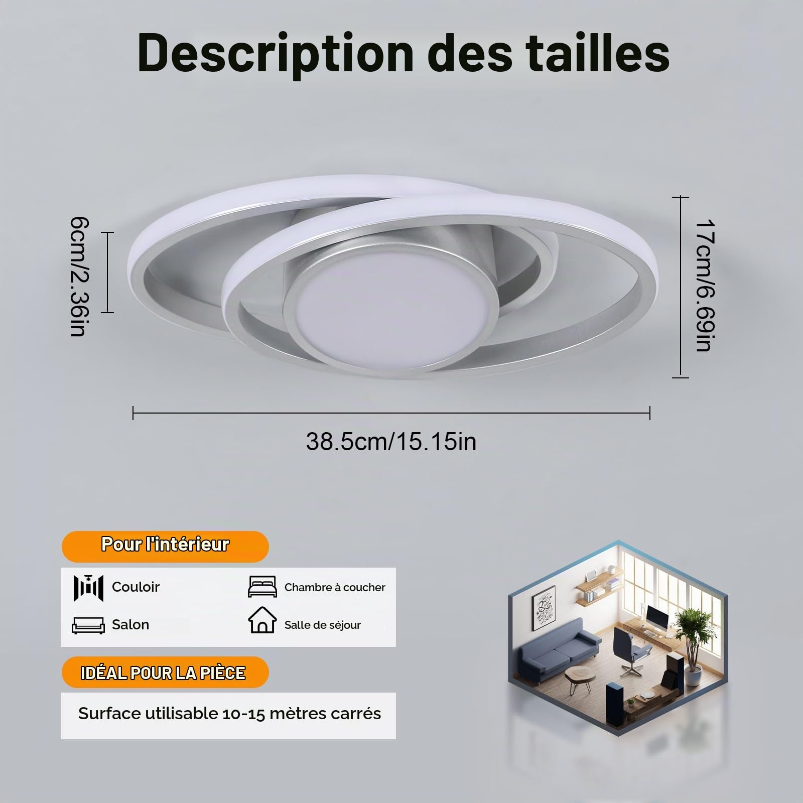39W 4387LM Plafonnier LED Dimmable 3000K-6500K Rond Argenté 38.5CM