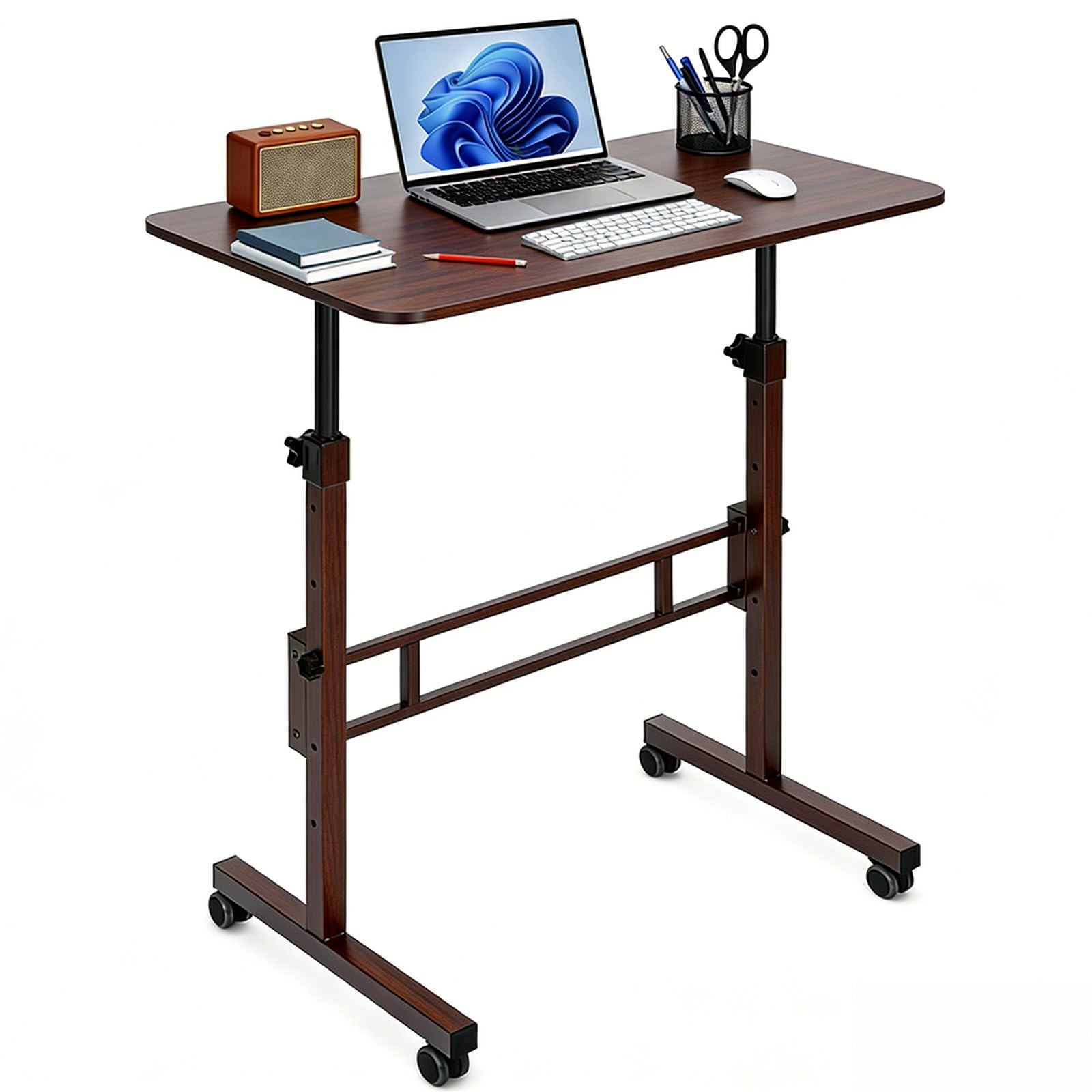 EVERGOODS Height Adjustable Standing Desk 80x40cm Mobile Small Desk Portable Home Office Computer Desks with Wheels Modern Simple Style Desks for Bedroom Living Room Office (Brown)