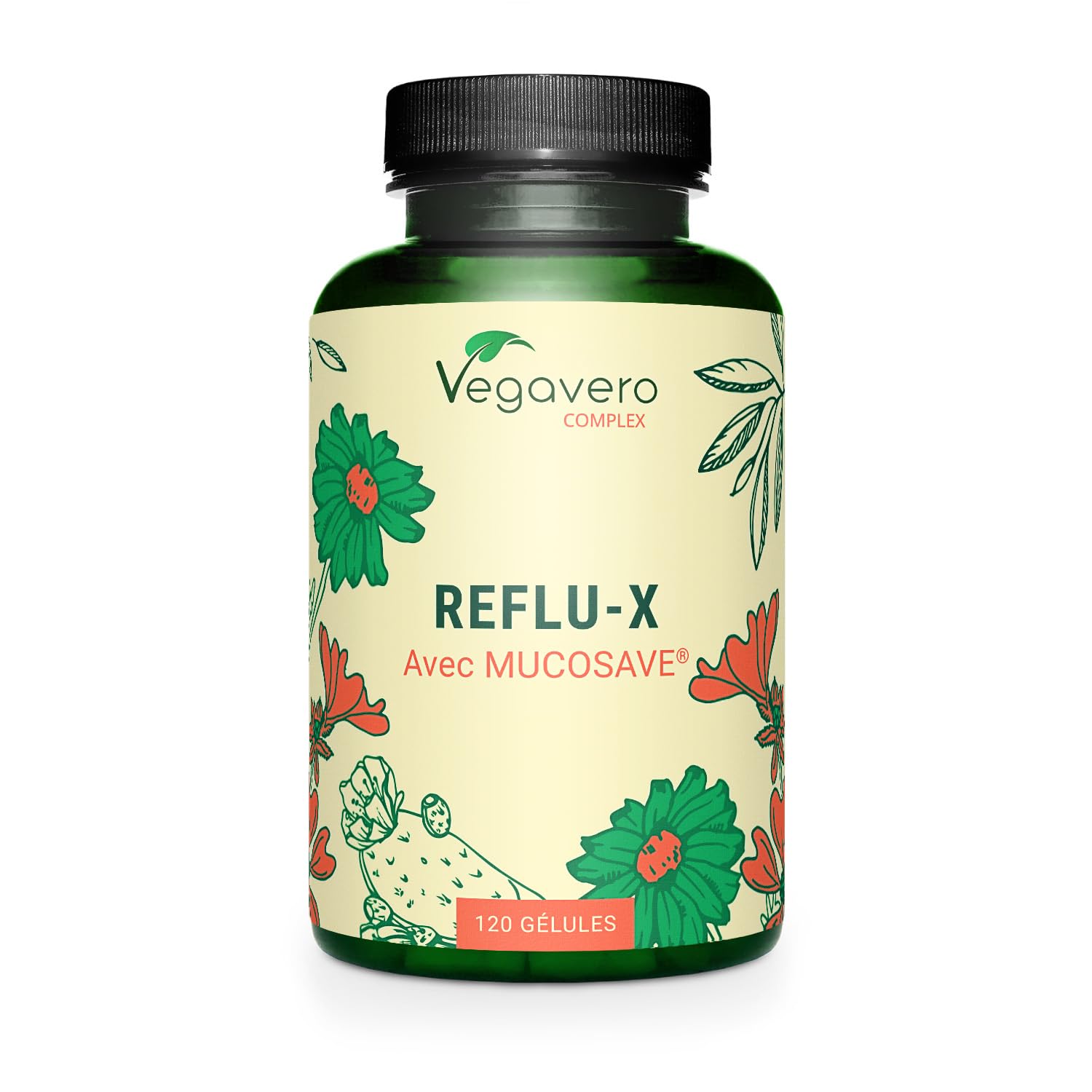 Reflux Gastrique Complex Vegavero® | 100% NATUREL | 120 Gélules | Avec Extraits de Plantes : Figue de Barbarie + Feuilles d’Olivier + Camomille + Mauve | Brûlures d'Estomac | Sans Additifs | VEGAN