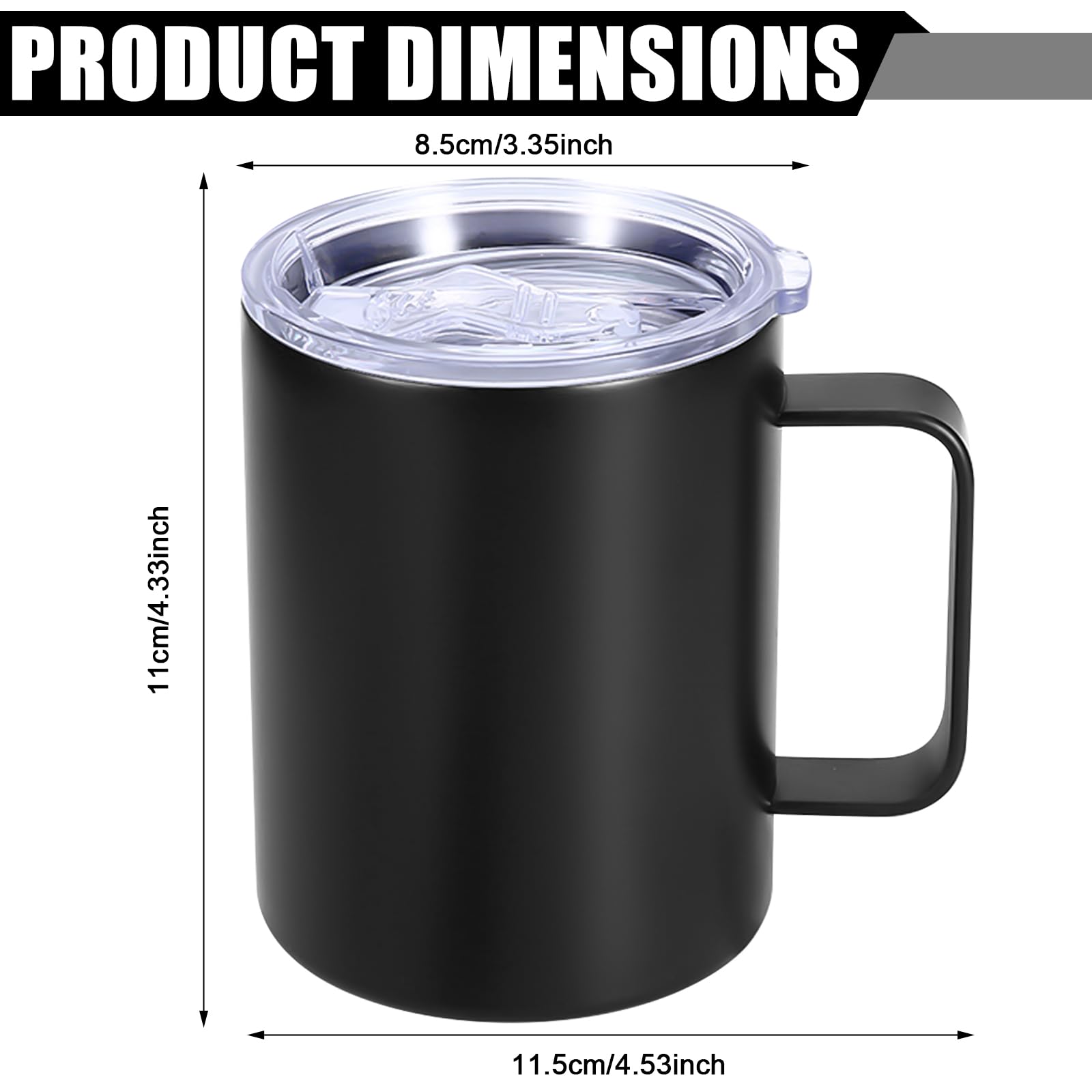 Set di 2 tazze termiche in acciaio inox, 350 ml: tazze da caffè isolate a doppia parete con manico, senza BPA, infrangibili, per campeggio, attività all'aperto, ufficio e viaggi (nero)