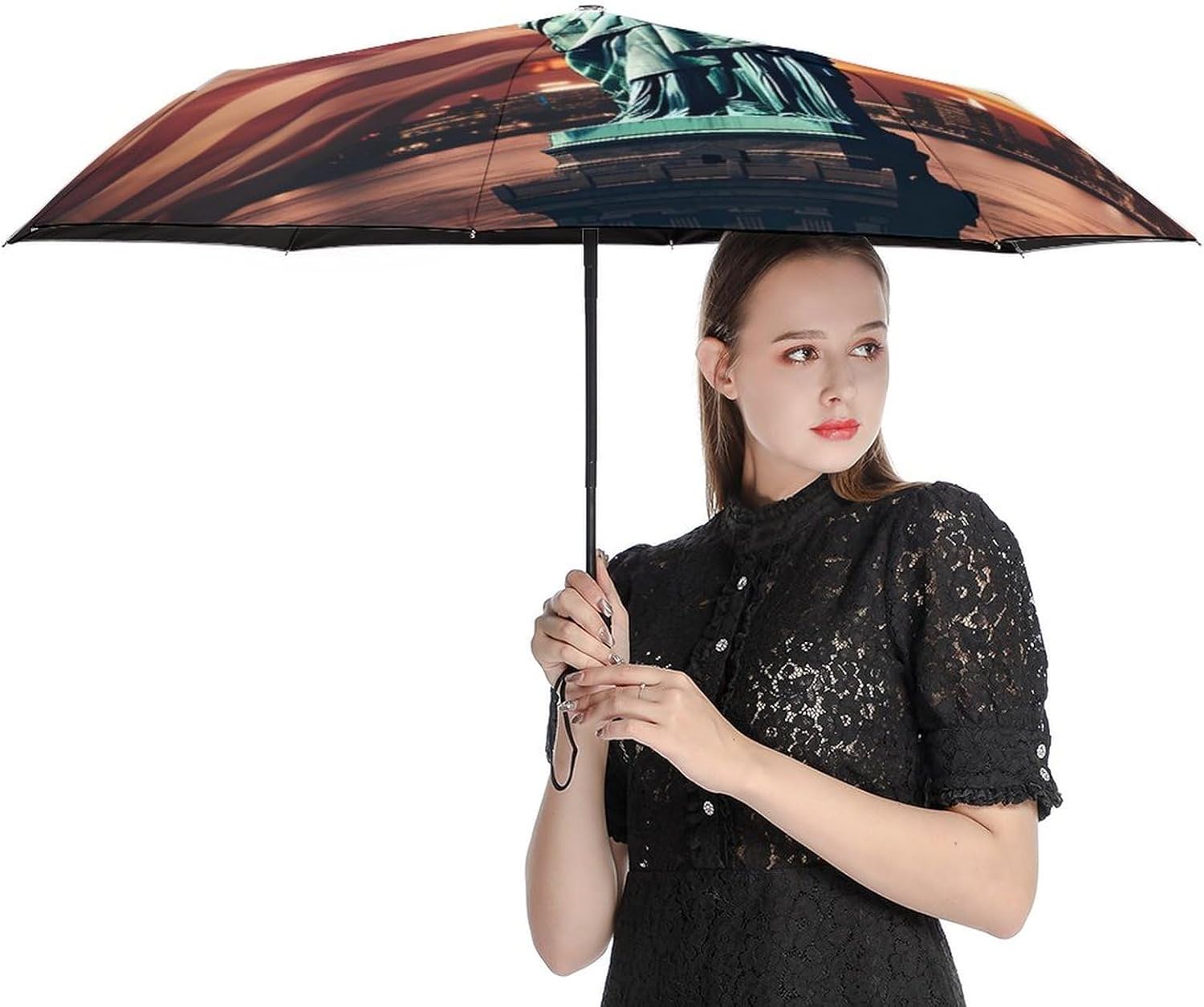American Liberty Auto Open Close Umbrella 3-Fold Design for Rain Sun Protection USA Flag NYC Windproof Compact Umbrella for Walking Travel Lightweight