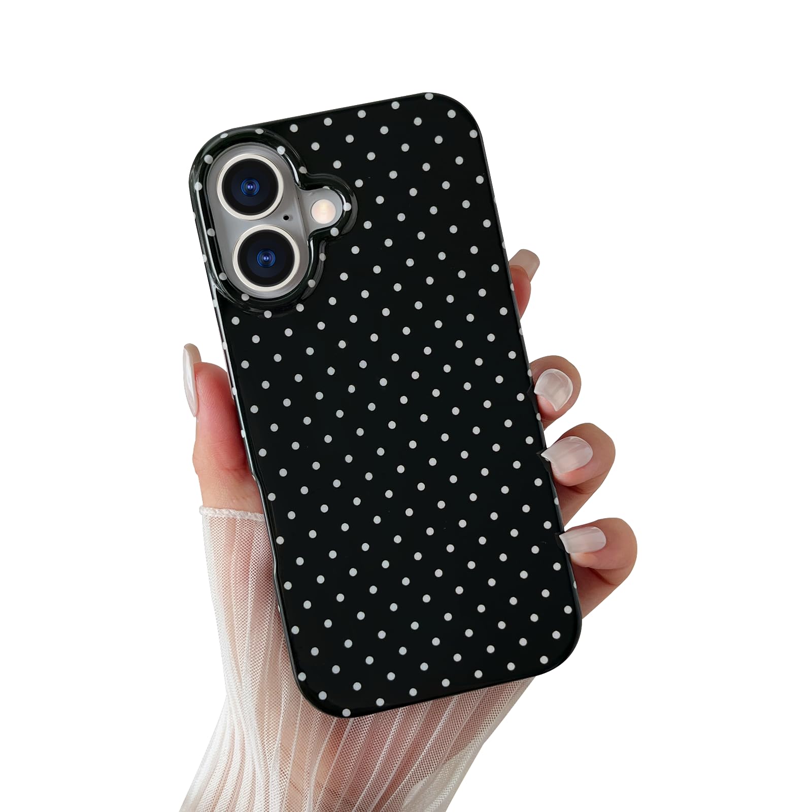 Yeddabox for iPhone 16 Case Cute Polka Dot Phone Case Soft TPU Slim Shockproof Phone Cover for Women Girls, Black