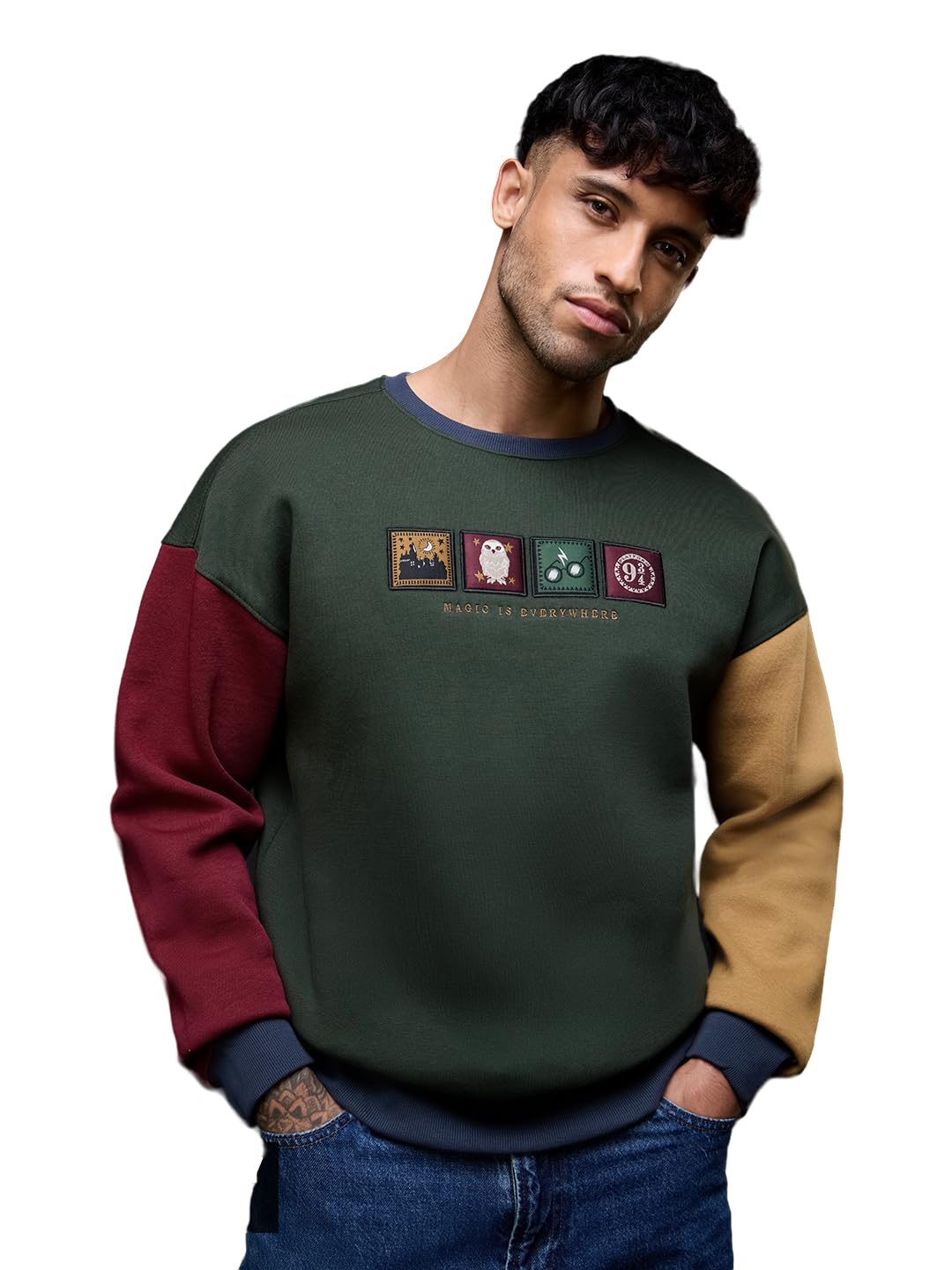Harry Potter: Magic is Everywhere Men and Boys Full Sleeves Round Neck Dark Green Embroidered Drop Shoulder Streetwear Winter Ready Cotton Blend Oversized Sweatshirt