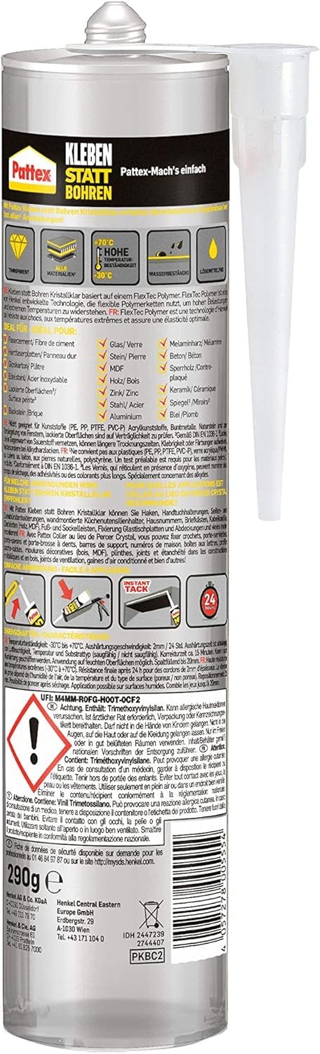 Pattex Kleben statt Bohren Kristallklar, Montagekleber für kristallklare Verklebungen, Baukleber für alle Materialien, Universalkleber für innen & außen, 3x290g