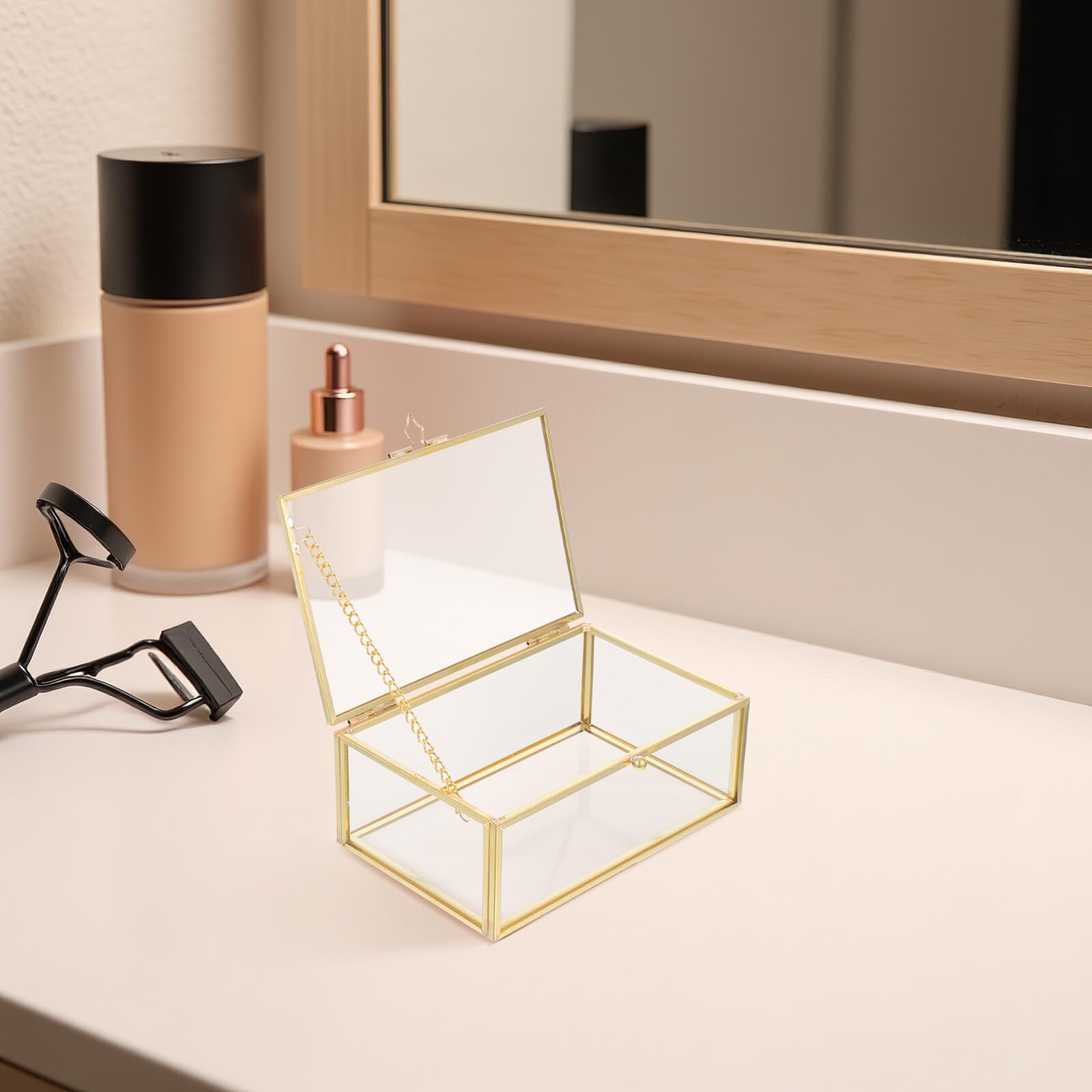 Boîte à Bijoux Verre Transparent avec Cadre Doré Boîte à Souvenirs Décorative et Organisateur pour Bijoux, Fragrances et Maquillage Structure Anti-poussière Rangement Élégant pour