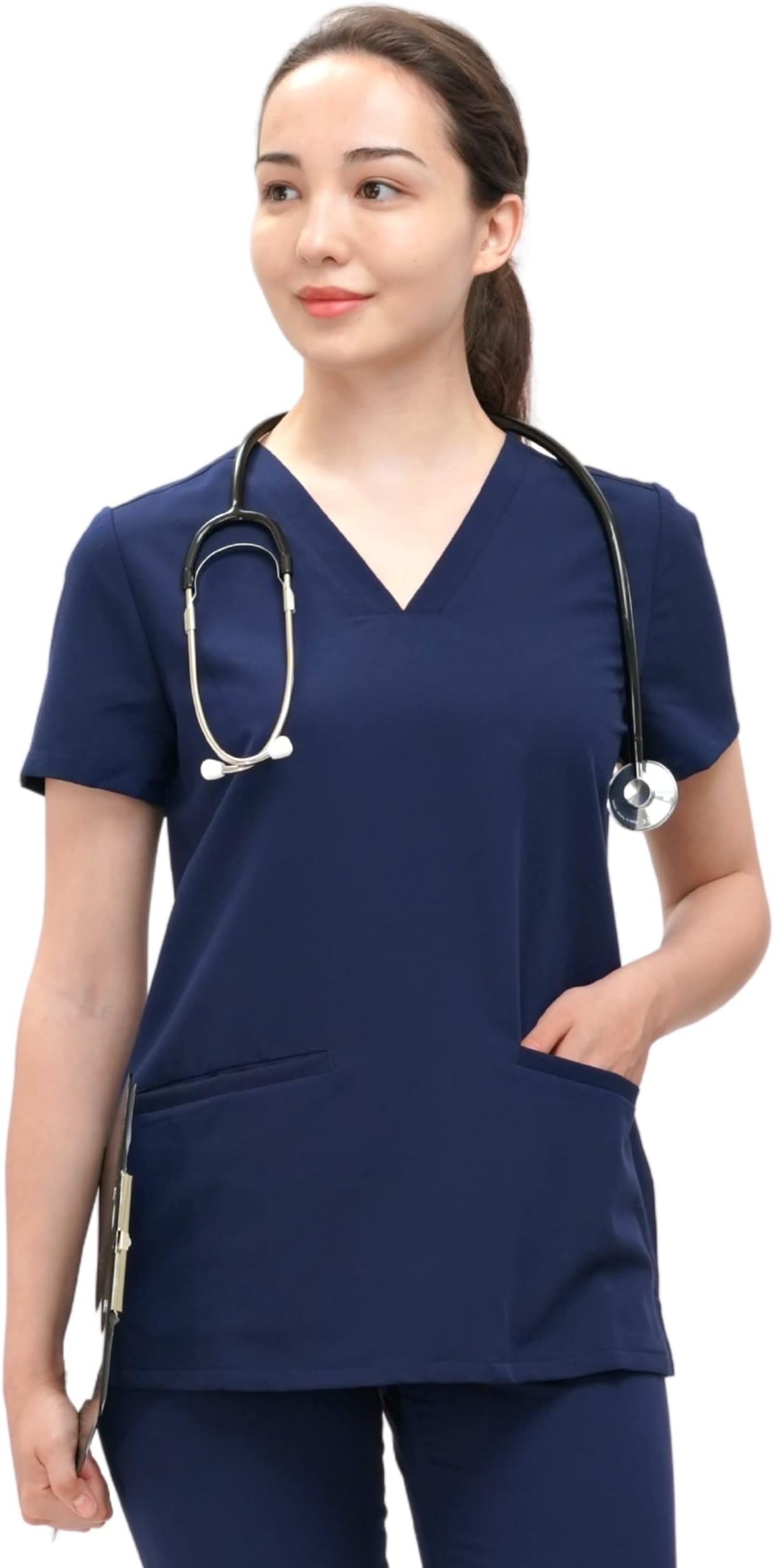 Medtecs Scrub Top for Women, Four-Way Stretch Shirt with 2+1 Pockets & Locker Loop, Anti-Wrinkle V-Neck Scrub Tops