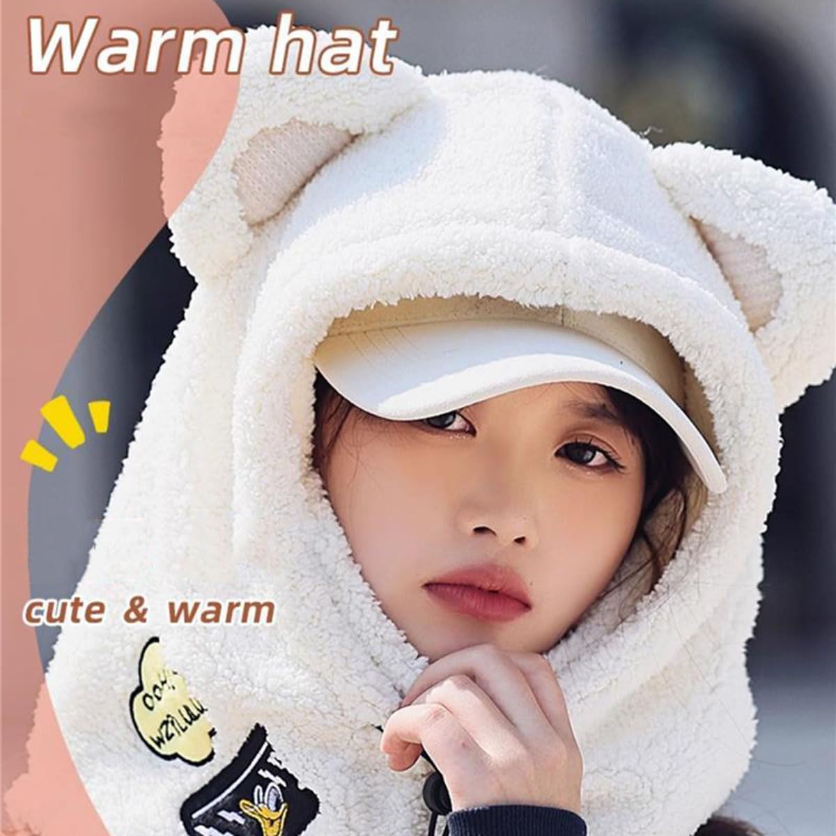 Furry Winter Bear Ear Beanie Hat Scarf Face Covers Cute 3 in 1 Women Winter Motorcycle Helmet Covers-B