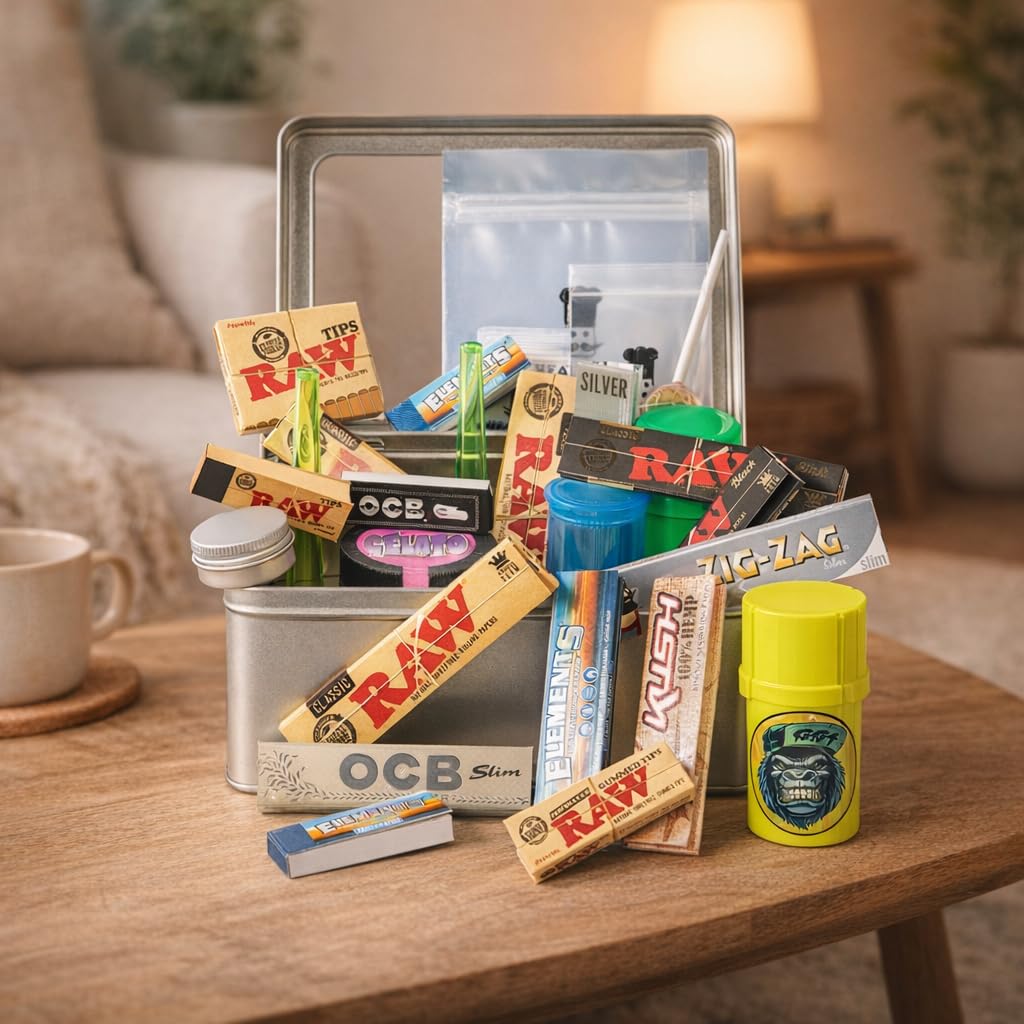 RAW Smokers Rolling Cigarette Gift Tin Box Set - Smoking Hamper Kit -  Window Lid Tin Roller Storage Unit
