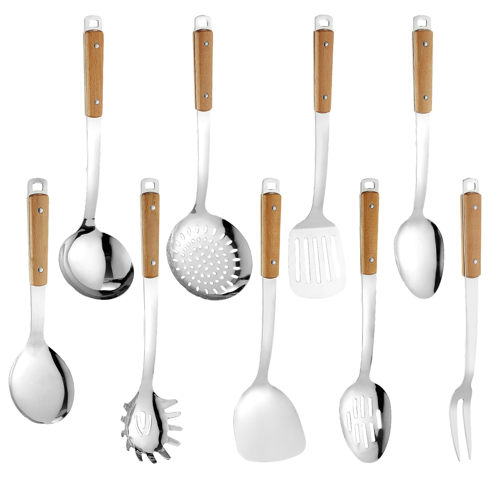 Kochutensilien-Set 304 Edelstahl Küchenutensilien mit Holzhanlde Metall Küchenutensilien Suppenkelle Set Spülmaschinenfest Küchenutensilien Set Küchenhelfer Set Spülmaschinenfest Küchenhelfer Set