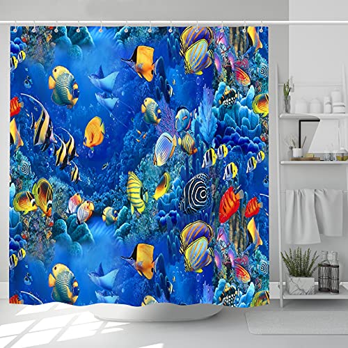 Underwater Shower Curtain Ocean Theme Tropical Fish Coral Animal Sea World Marine Life Print Pattern Kids Bathroocm Curtain Set With 12 Hooks 72 X 72 Inch Waterproof Fabric Boys Girls Bath Decor #TOP10