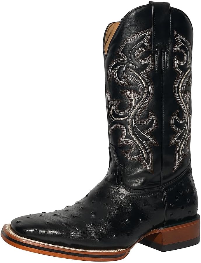 Men’s Genuine Leather Exotic Full Quill Ostrich Print Square Toe Cowboy Western Boots - Black