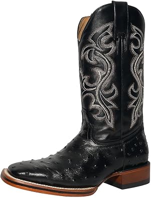 Mens Genuine Leather Exotic Full Quill Ostrich Print Square Toe Cowboy Western Boots - Black