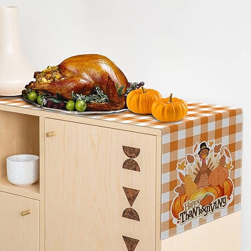 Miniatura 6 de Nialnant Camino de mesa de otoño, camino de mesa de pavo de Acción de Gracias para cocina, mesa de comedor, granja, patrón de cuadros de búfalo