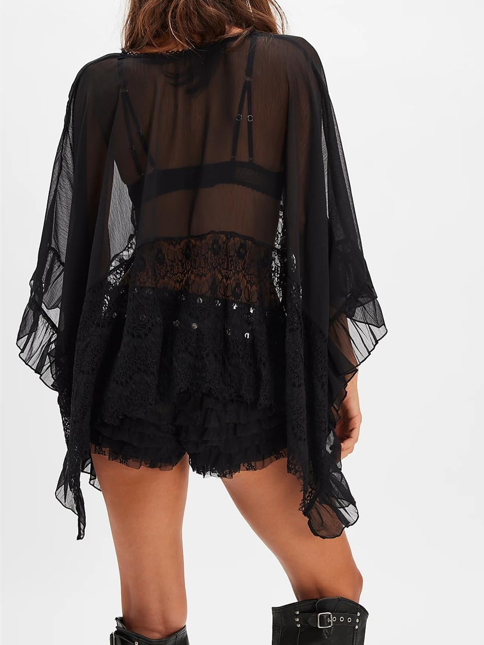 Women Sheer Poncho Top Long Sleeve Solid Color Chiffon Flowy Going Out Cover Up - Image 4